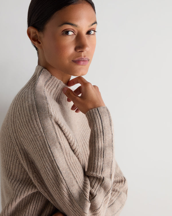 N.Peal Women's Metal Funnel Neck Cashmere Jumper Oatmeal Brown