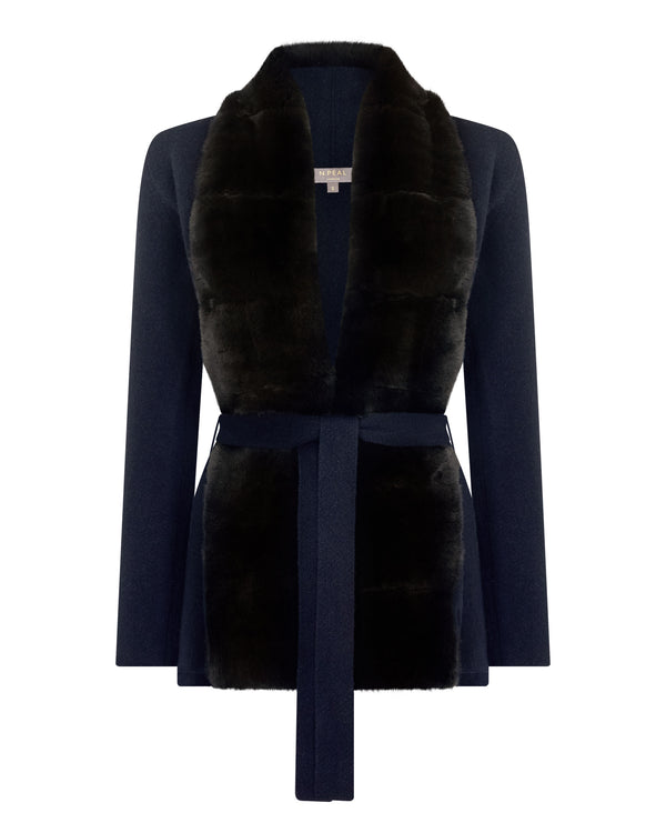 N.Peal Women's Ruby Herringbone Fur Cardigan Navy Blue