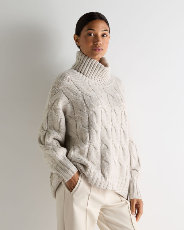 N.Peal Women's Hana Chunky Cable Roll Neck Cashmere Jumper Ash Grey Marl
