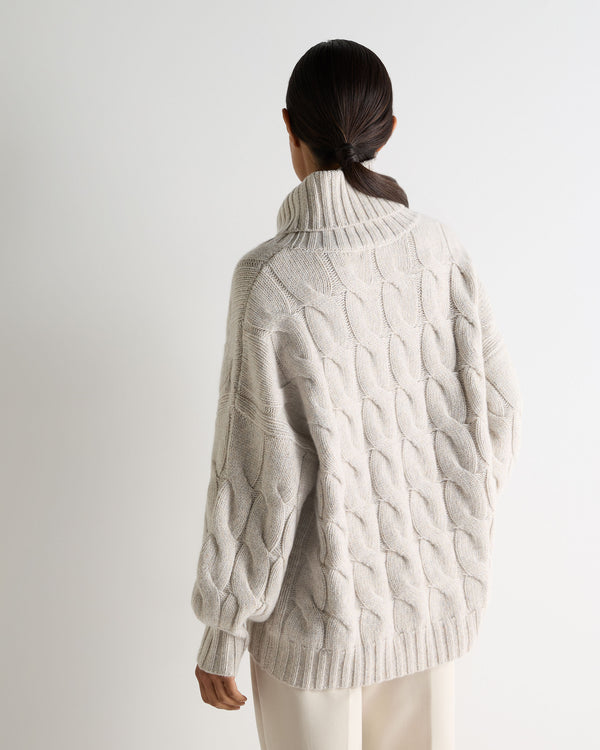 N.Peal Women's Hana Chunky Cable Roll Neck Cashmere Jumper Ash Grey Marl