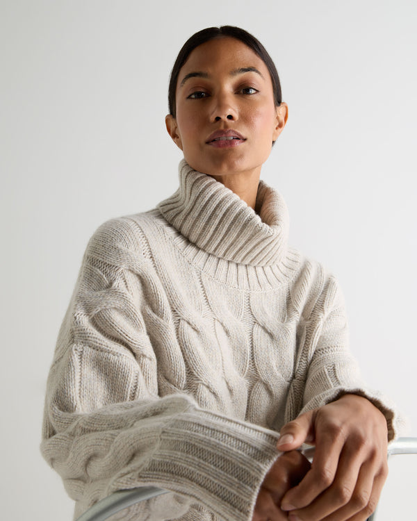 N.Peal Women's Hana Chunky Cable Roll Neck Cashmere Jumper Ash Grey Marl