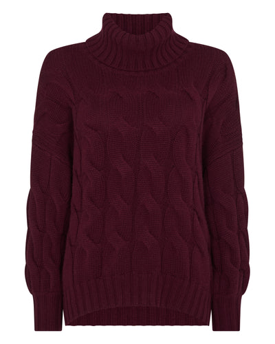 N.Peal Women's Hana Chunky Cable Roll Neck Cashmere Jumper Bordeaux Red