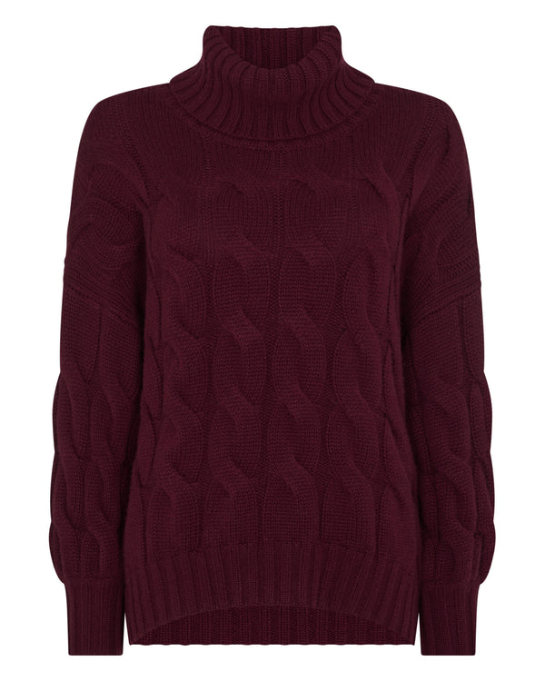 N.Peal Women's Hana Chunky Cable Roll Neck Cashmere Jumper Bordeaux Red