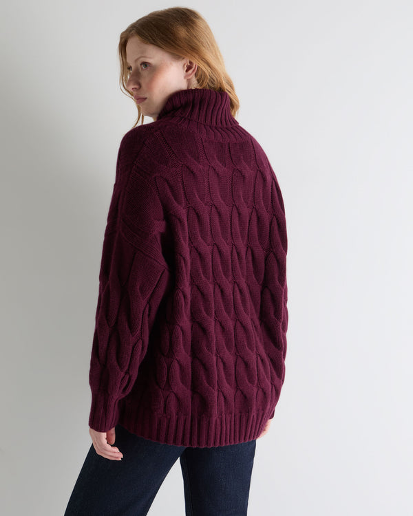 N.Peal Women's Hana Chunky Cable Roll Neck Cashmere Jumper Bordeaux Red