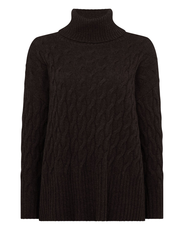 N.Peal Women's Emmie Relaxed Cable Roll Neck Cashmere Jumper Chocolate Brown