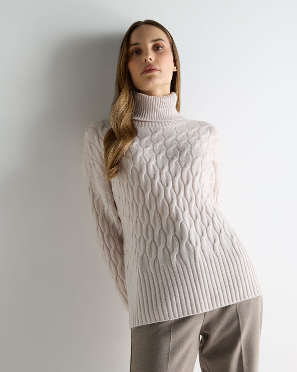 N.Peal Women's Emmie Relaxed Cable Roll Neck Cashmere Jumper Frost White