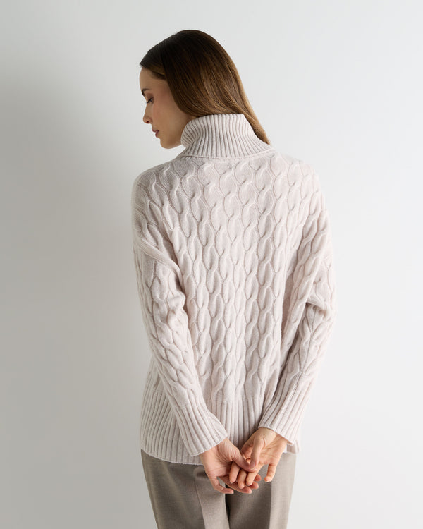 N.Peal Women's Emmie Relaxed Cable Roll Neck Cashmere Jumper Frost White