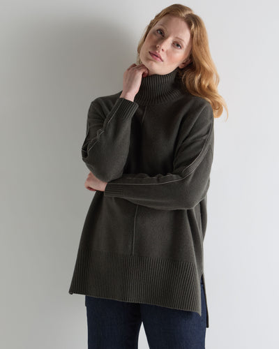 N.Peal Women's Mock Neck Long Cashmere Jumper Arabica Khaki Green