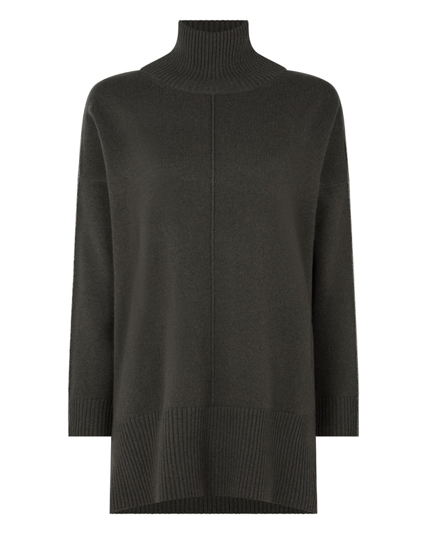 N.Peal Women's Mock Neck Long Cashmere Jumper Arabica Khaki Green