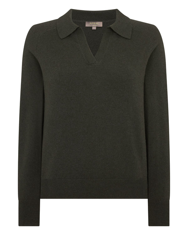 N.Peal Women's Harriet Cashmere Polo Shirt Arabica Khaki Green