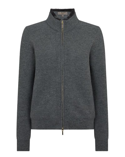 N.Peal Women's Honeycomb Full Zip Cashmere Jumper With Fur Trim Elephant Grey