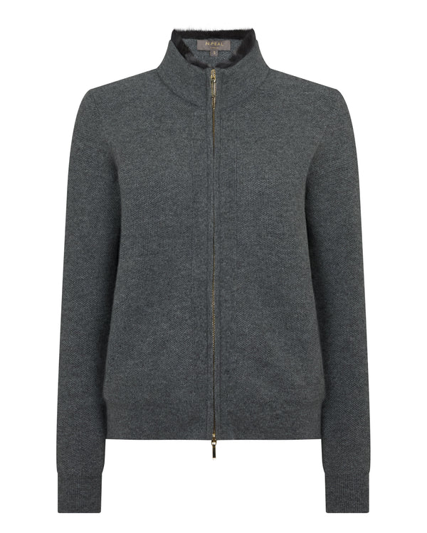N.Peal Women's Honeycomb Full Zip Cashmere Jumper With Fur Trim Elephant Grey