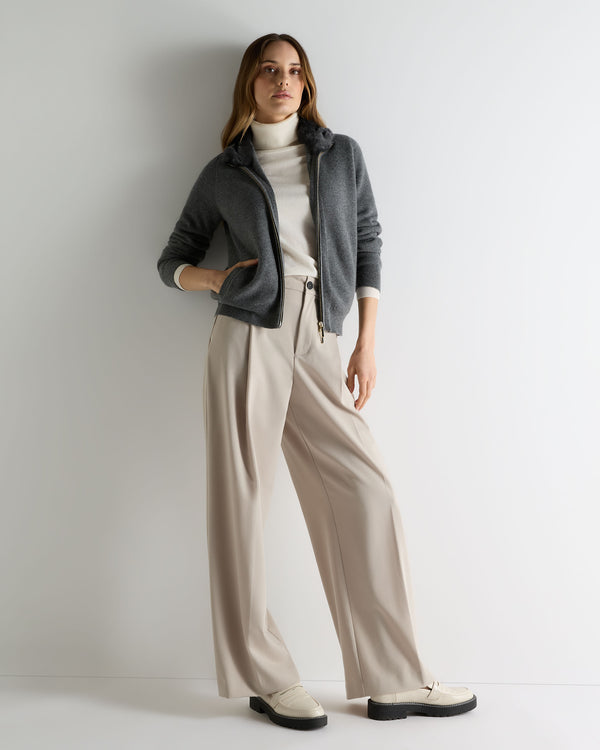 N.Peal Women's Honeycomb Full Zip Cashmere Jumper With Fur Trim Elephant Grey