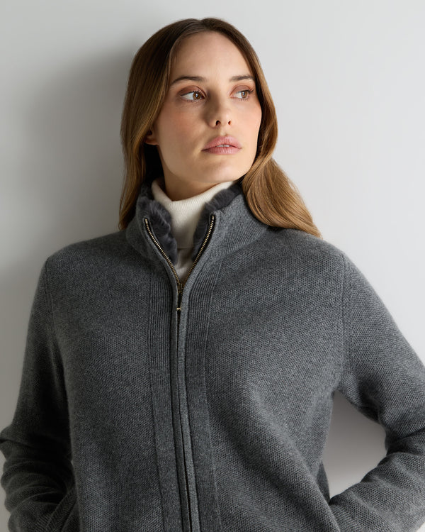 N.Peal Women's Honeycomb Full Zip Cashmere Jumper With Fur Trim Elephant Grey