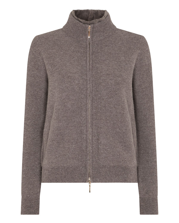 N.Peal Women's Honeycomb Full Zip Cashmere Jumper With Fur Trim Otter Brown