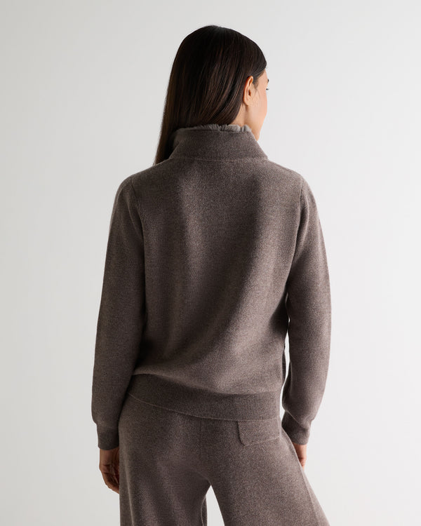 N.Peal Women's Honeycomb Full Zip Cashmere Jumper With Fur Trim Otter Brown