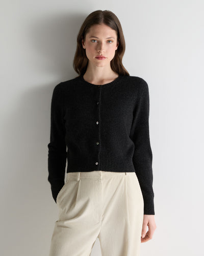 N.Peal Women's Chunky Crop Cashmere Cardigan Charcoal Grey Melange