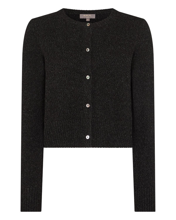 N.Peal Women's Chunky Crop Cashmere Cardigan Charcoal Grey Melange