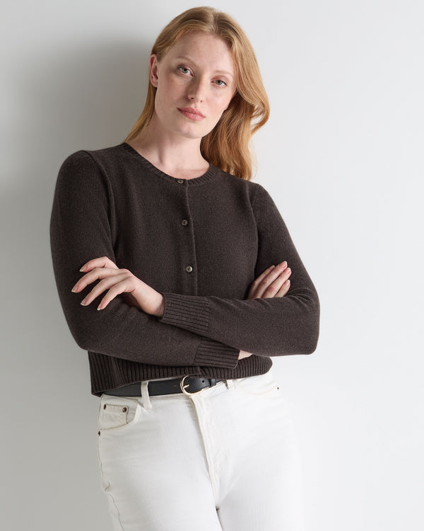 N.Peal Women's Chunky Crop Cashmere Cardigan Chocolate Brown