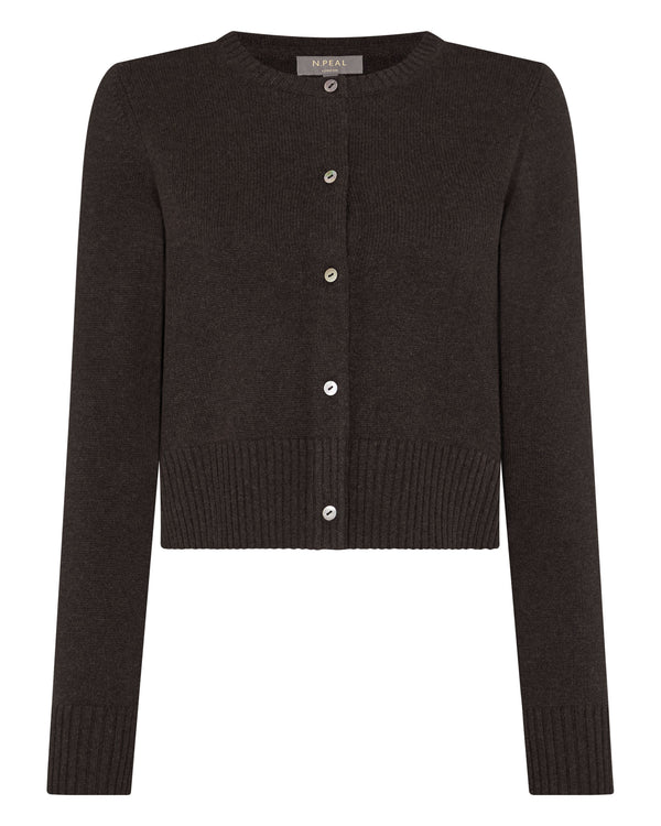 N.Peal Women's Chunky Crop Cashmere Cardigan Chocolate Brown