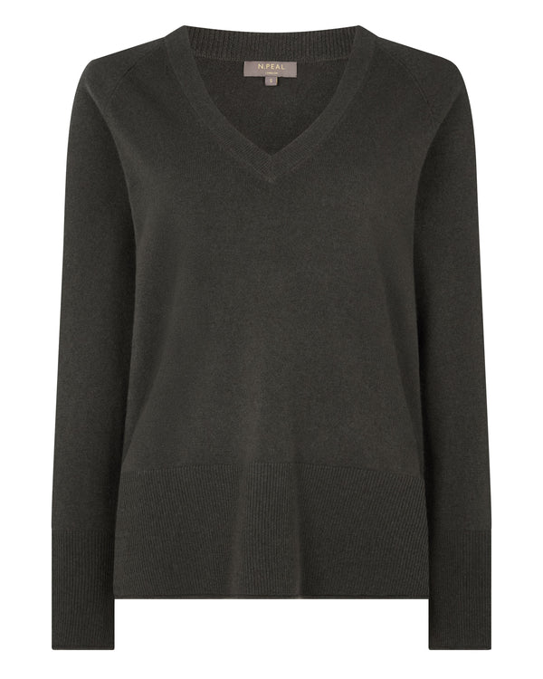 N.Peal Women's Relaxed V Neck Cashmere Jumper Arabica Khaki Green