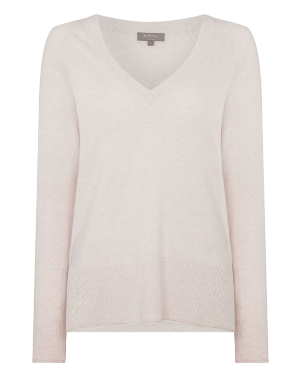 N.Peal Women's Relaxed V Neck Cashmere Jumper Frost White