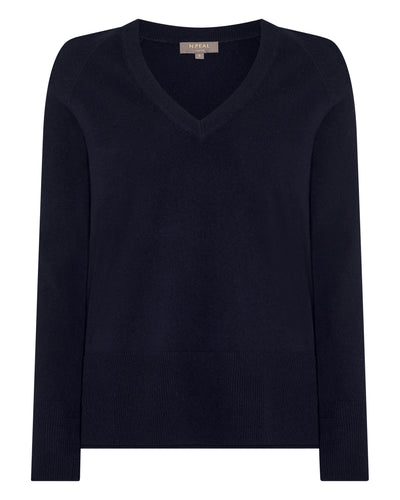 N.Peal Women's Relaxed V Neck Cashmere Jumper Navy Blue