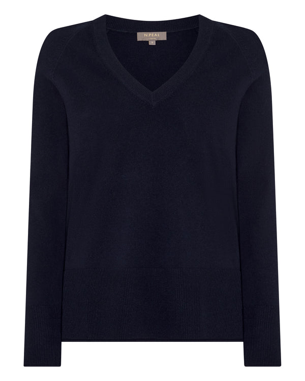 N.Peal Women's Relaxed V Neck Cashmere Jumper Navy Blue