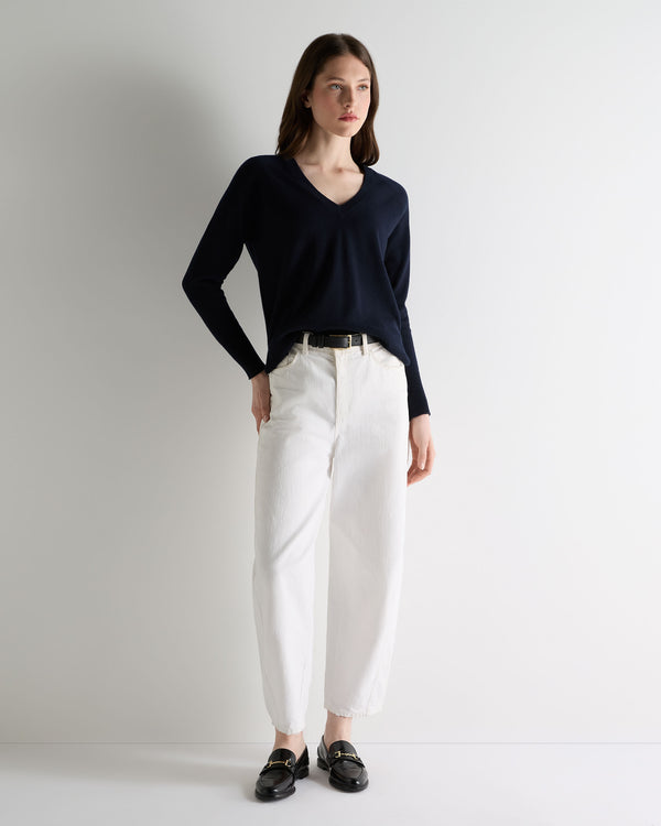 N.Peal Women's Relaxed V Neck Cashmere Jumper Navy Blue