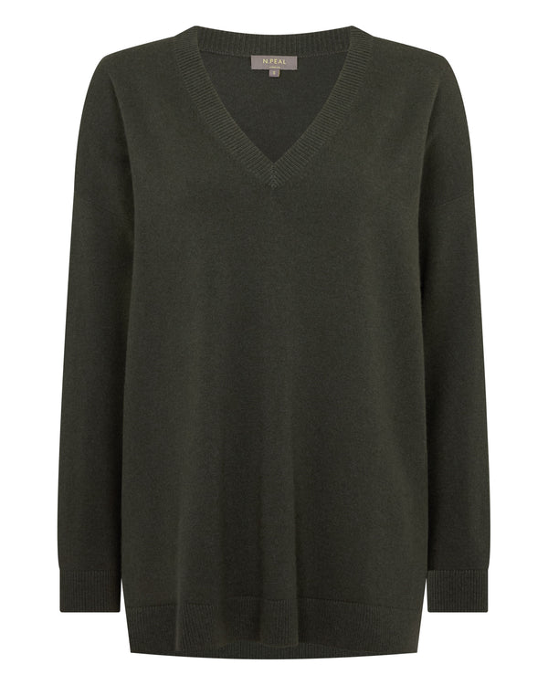 N.Peal Women's Longline V Neck Cashmere Jumper Arabica Khaki Green
