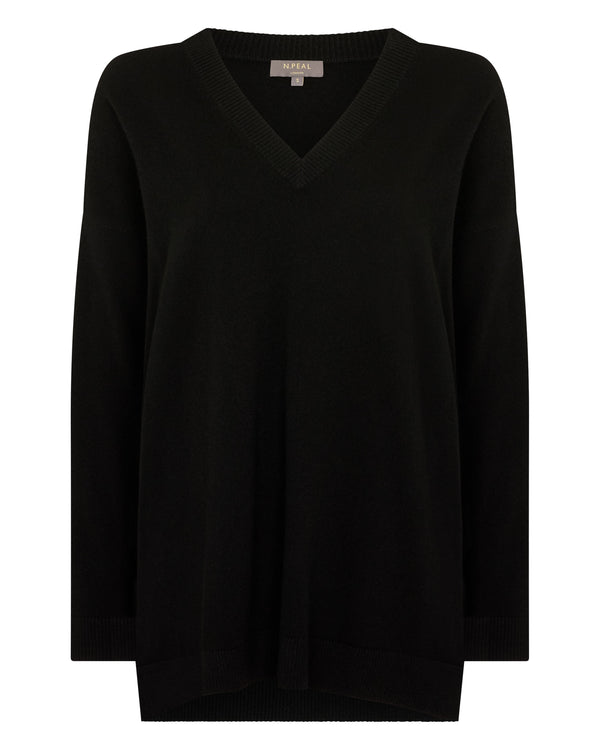 N.Peal Women's Longline V Neck Cashmere Jumper Black
