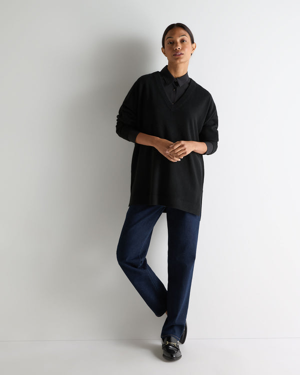 N.Peal Women's Longline V Neck Cashmere Jumper Black