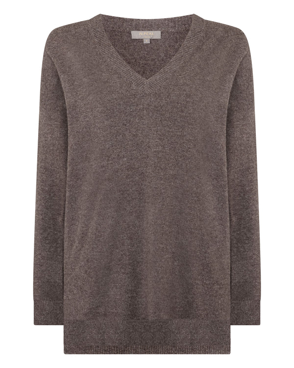 N.Peal Women's Longline V Neck Cashmere Jumper Otter Brown