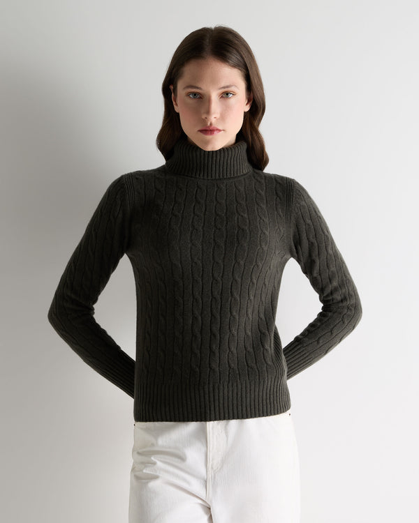 N.Peal Women's Adelyn Cable Roll Cashmere Jumper Arabica Khaki Green
