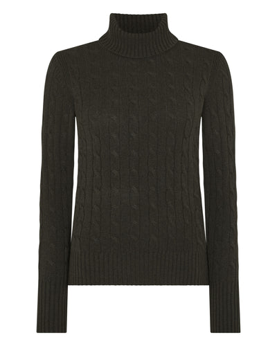 N.Peal Women's Adelyn Cable Roll Cashmere Jumper Arabica Khaki Green