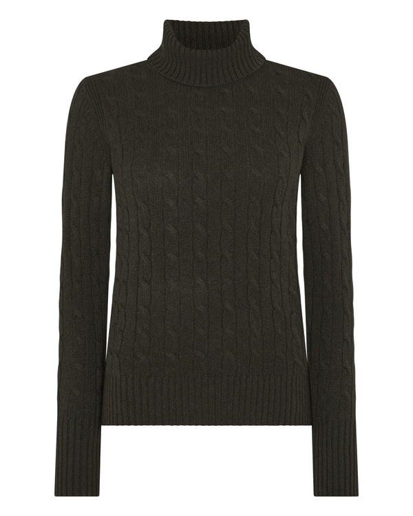 N.Peal Women's Adelyn Cable Roll Cashmere Jumper Arabica Khaki Green