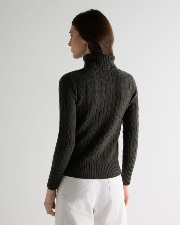 N.Peal Women's Adelyn Cable Roll Cashmere Jumper Arabica Khaki Green