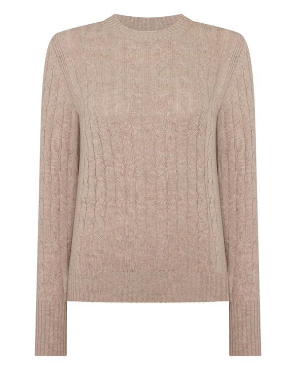 N.Peal Women's Adelyn Cable Round Neck Cashmere Jumper Oatmeal Brown