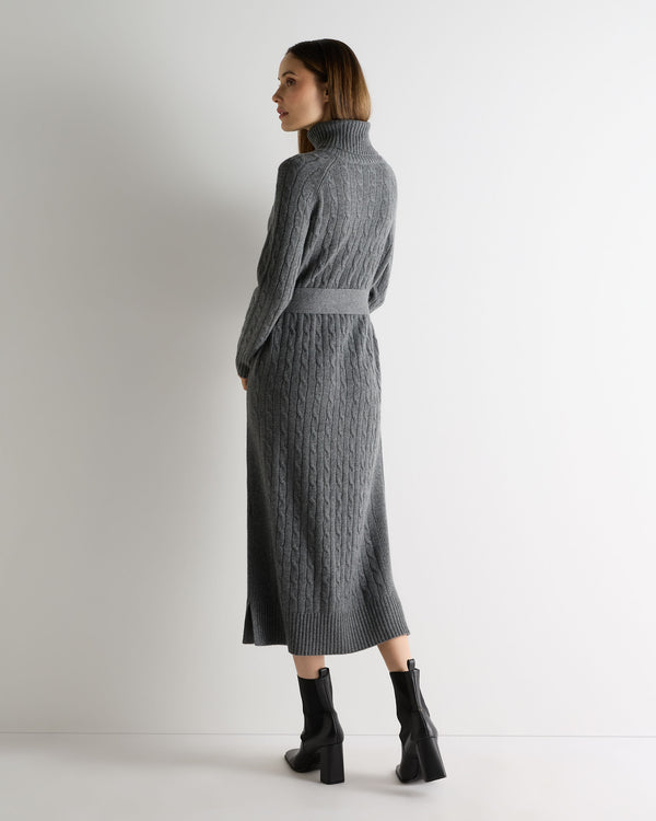 N.Peal Women's Longline Cable Cashmere Dress Elephant Grey