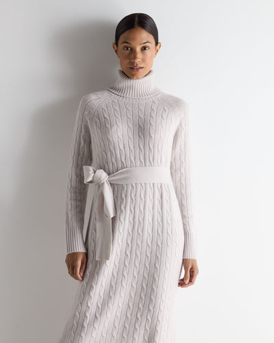 N.Peal Women's Longline Cable Cashmere Dress Snow Grey
