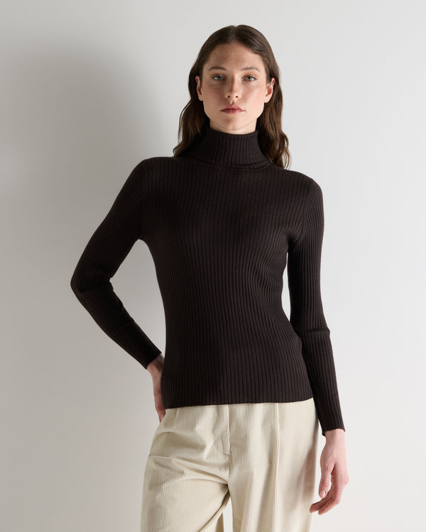 N.Peal Women's Superfine Cashmere Ribbed Roll Neck Jumper Chocolate Brown