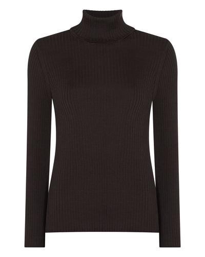 N.Peal Women's Superfine Cashmere Ribbed Roll Neck Jumper Chocolate Brown