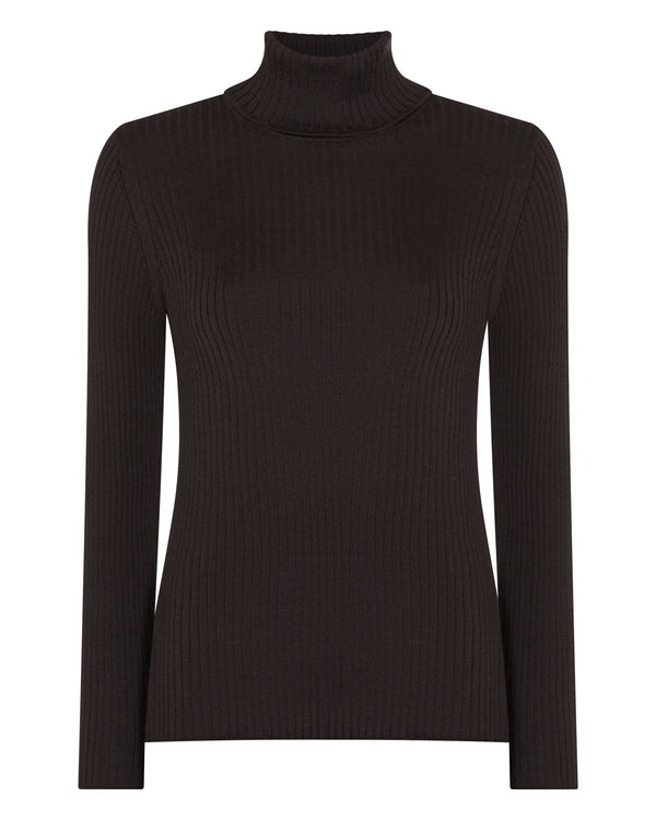 N.Peal Women's Superfine Cashmere Ribbed Roll Neck Jumper Chocolate Brown