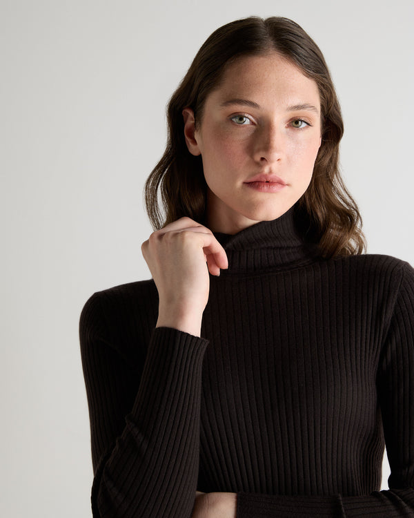 N.Peal Women's Superfine Cashmere Ribbed Roll Neck Jumper Chocolate Brown