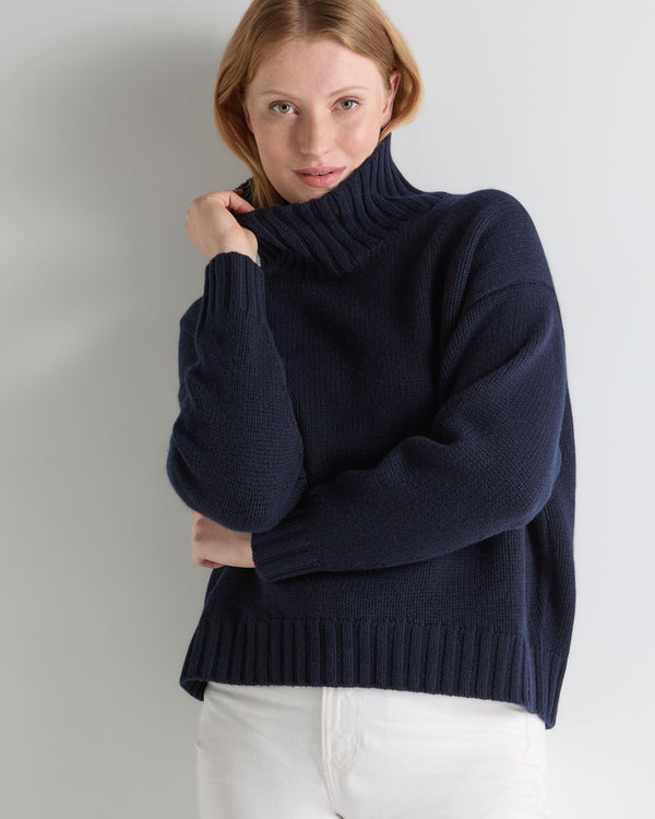 N.Peal Women's Chunky Funnel Neck Cashmere Jumper Navy Blue