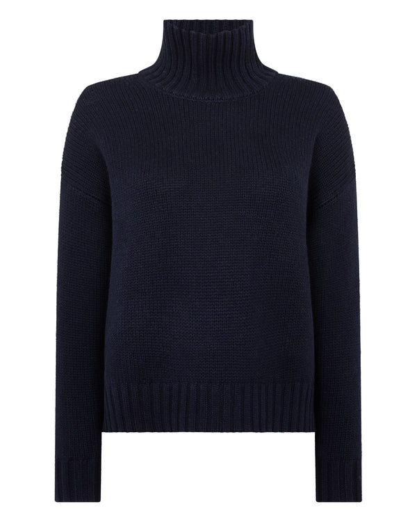 N.Peal Women's Chunky Funnel Neck Cashmere Jumper Navy Blue