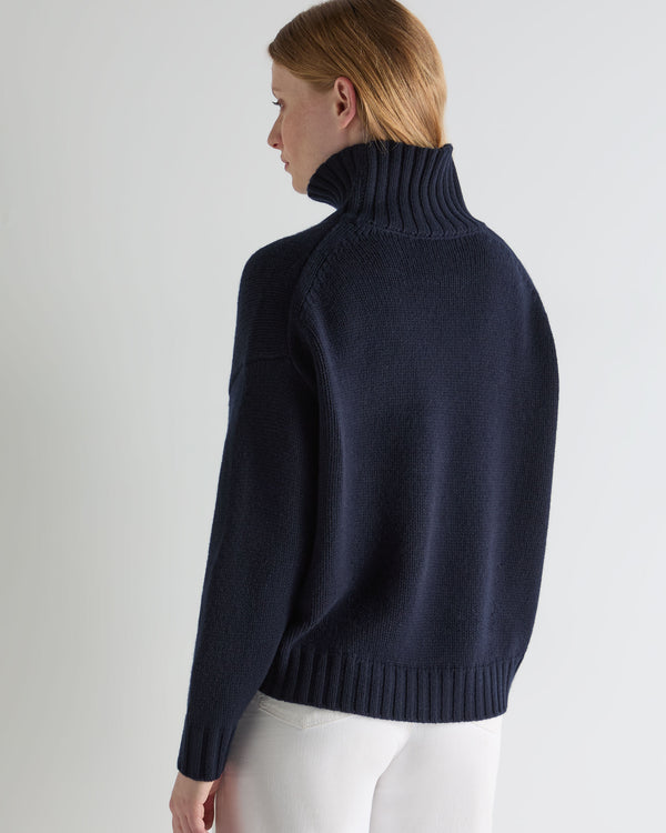 N.Peal Women's Chunky Funnel Neck Cashmere Jumper Navy Blue