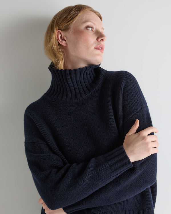N.Peal Women's Chunky Funnel Neck Cashmere Jumper Navy Blue