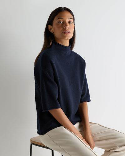 N.Peal Women's Short Sleeve Turtle Neck Cashmere Jumper Navy Blue