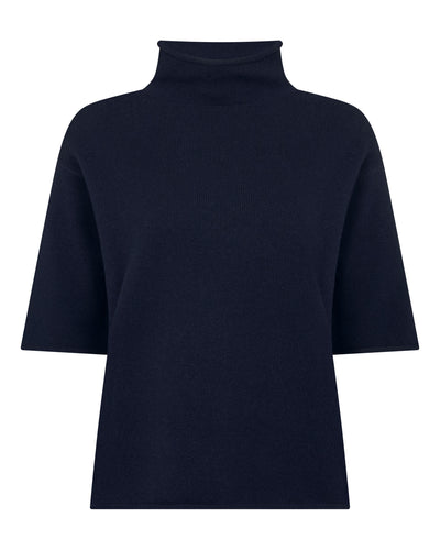 N.Peal Women's Short Sleeve Turtle Neck Cashmere Jumper Navy Blue